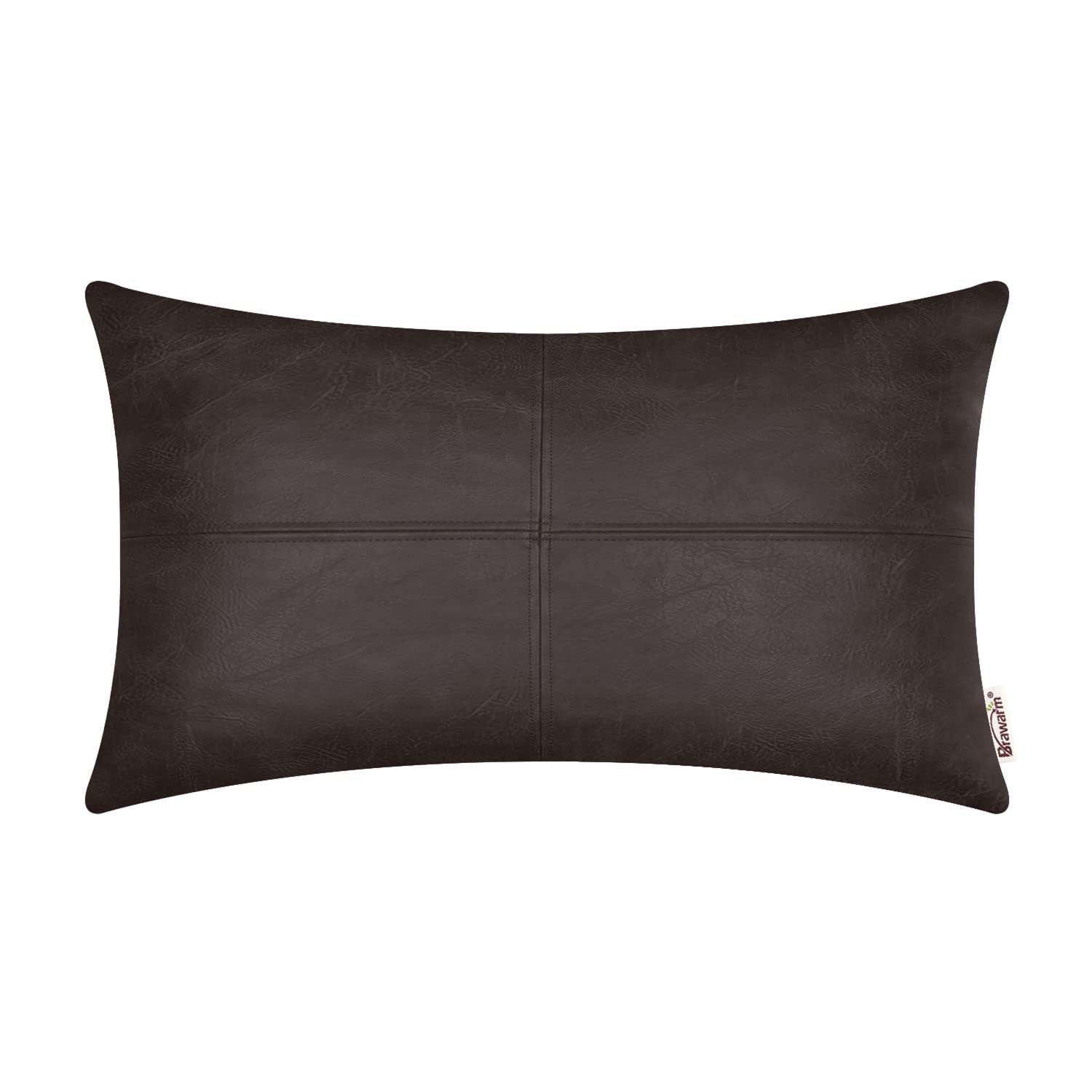 Brawarm Faux Leather Throw Pillow Covers 12 X 20 Inches, Coffee Leather Pillow Cover, Hand Stitched Leather Decorative Lumbar Pi